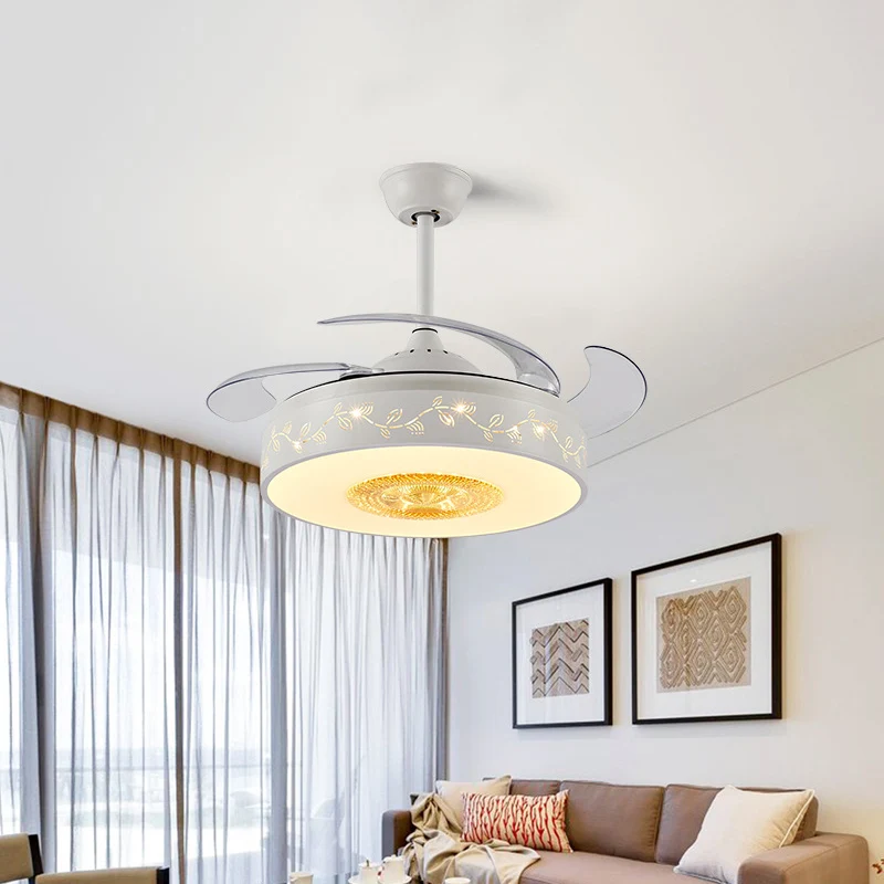 42" W acryl witte semi-gemonteerde verlichting bladpatroon LED modernistische hangende ventilatorlamp met afstandsbedienin...