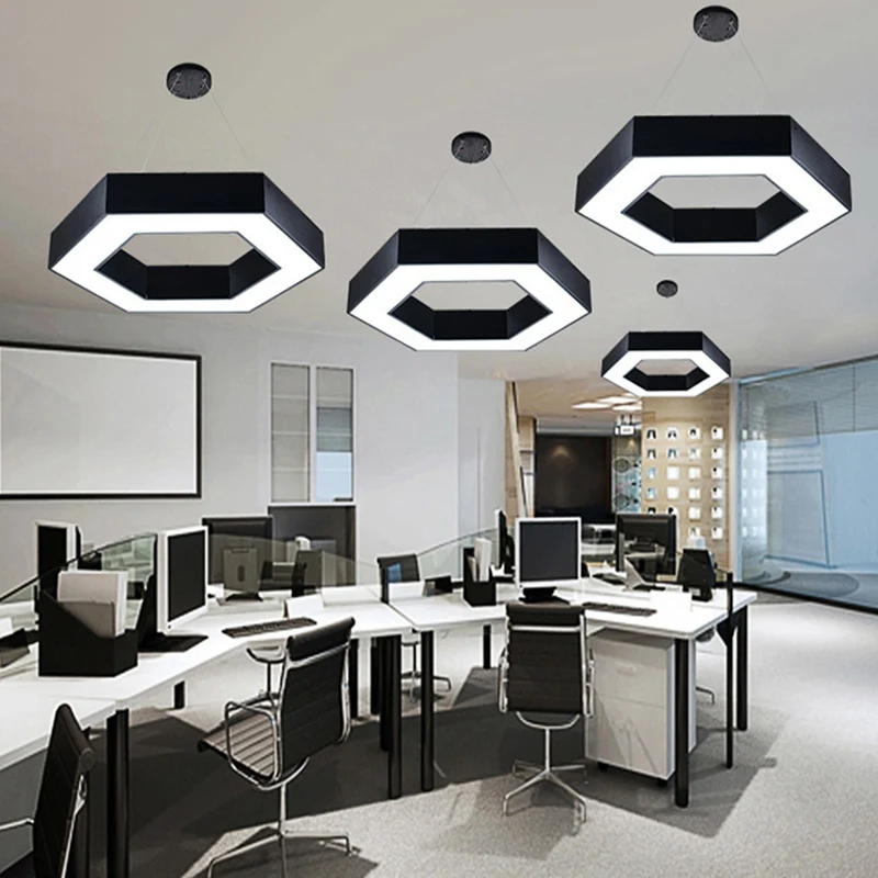 Acryl zeshoekige hangende hanger moderne 16"/23,5"/39" W LED-plafondlamp zwart/wit voor kantoor Clearhalo