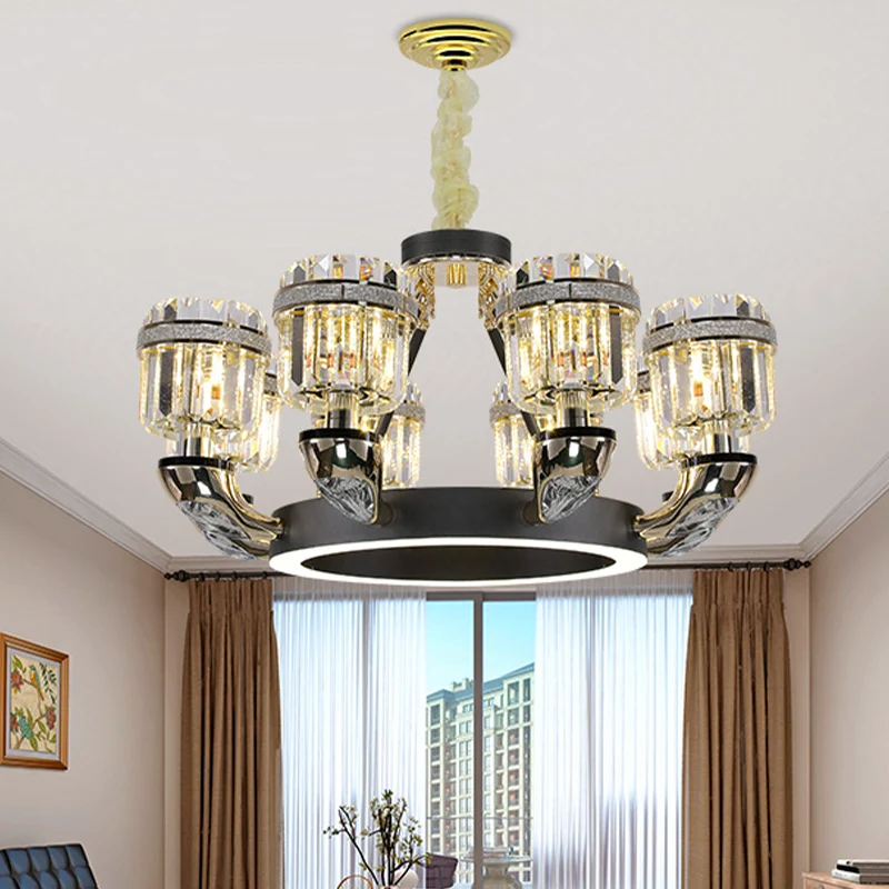 Afgeschuinde kristallen cilinder kroonluchter verlichting traditionele 6/8 lichten zwarte LED hangende hanger voor slaapka...