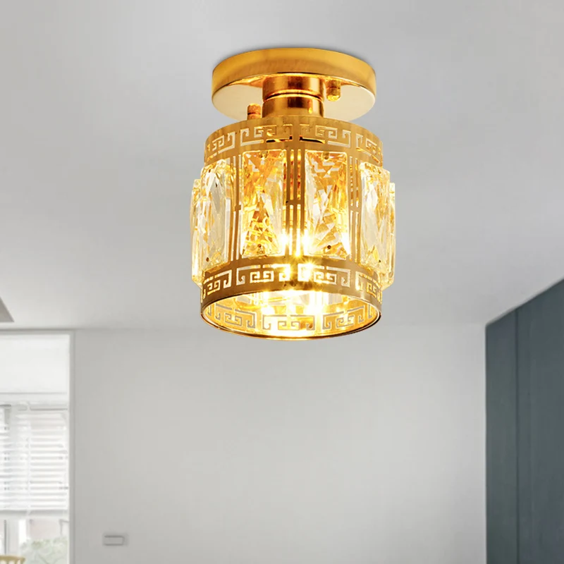 Afgeschuinde kristallen komvormige plafondverzonken retro 1-lamp gang semi-inbouwlamp met sierlijke oosterse afwerking gou...