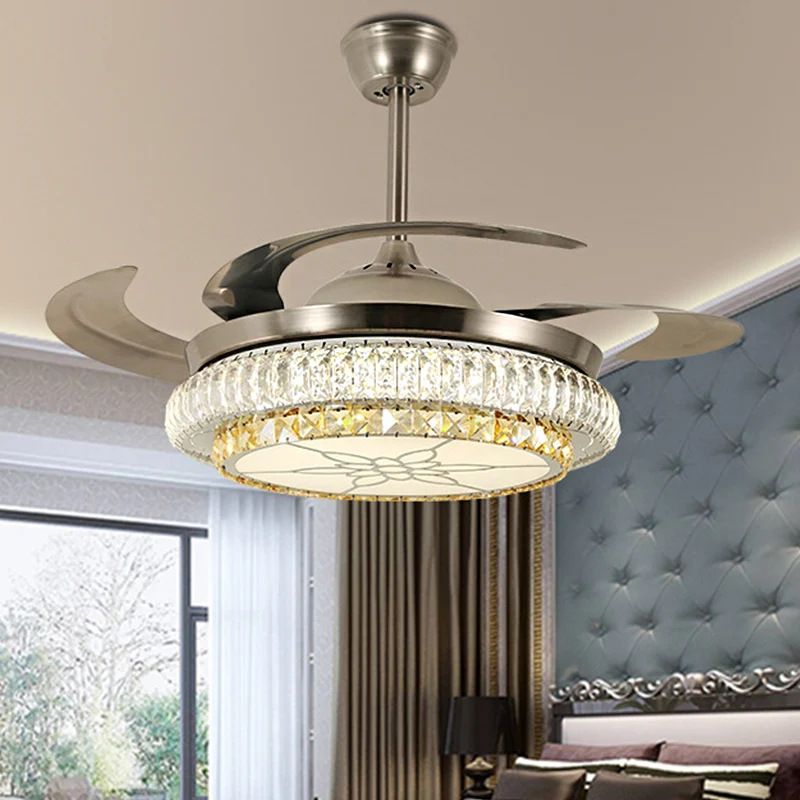 Afgeschuinde kristallen laag LED-plafondventilator Moderne stijlvolle LED zilverkleurige semi-inbouwlamp met/zonder Blueto...