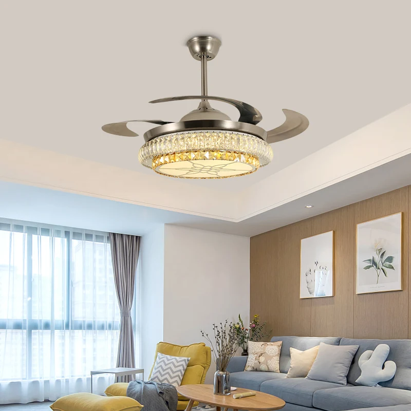 Afgeschuinde kristallen laag LED-plafondventilator Moderne stijlvolle LED zilverkleurige semi-inbouwlamp met/zonder Blueto...