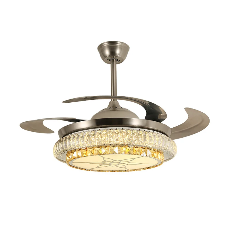 Afgeschuinde kristallen laag LED-plafondventilator Moderne stijlvolle LED zilverkleurige semi-inbouwlamp met/zonder Blueto...
