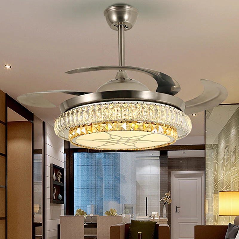 Afgeschuinde kristallen laag LED-plafondventilator Moderne stijlvolle LED zilverkleurige semi-inbouwlamp met/zonder Blueto...