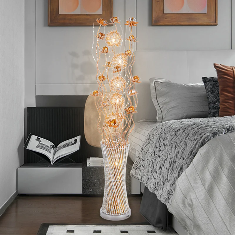 Aluminium goud bloemen vloerlamp cilinder LED kunst decor staande verlichting wit/warm licht Clearhalo