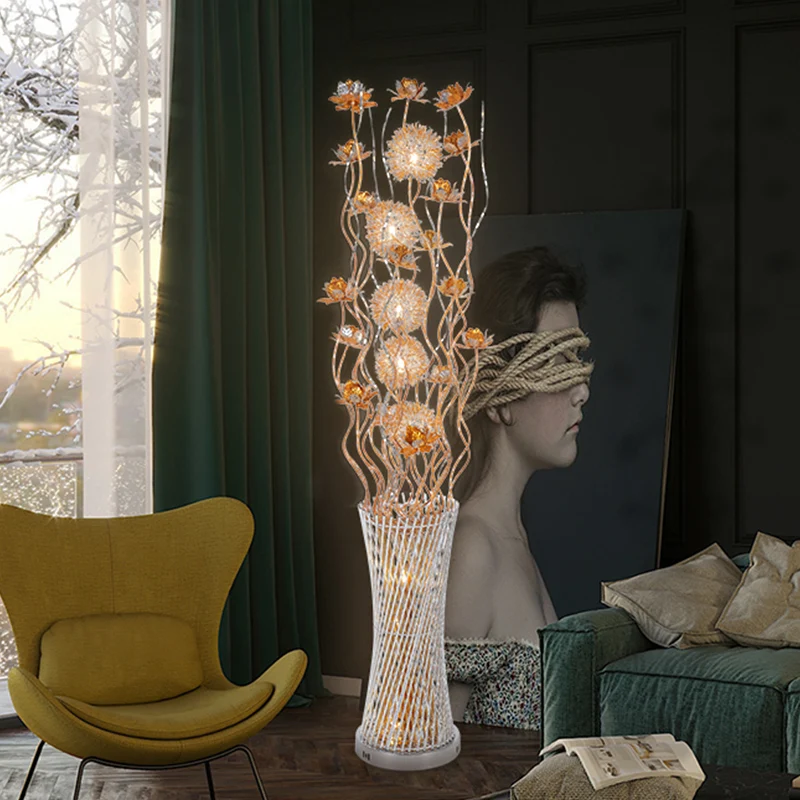 Aluminium goud bloemen vloerlamp cilinder LED kunst decor staande verlichting wit/warm licht Clearhalo