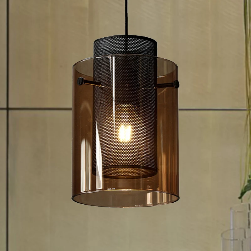 Amber cilinder hanglamp met hol gaasscherm 1 lamp moderne hanglamp voor keuken Clearhalo