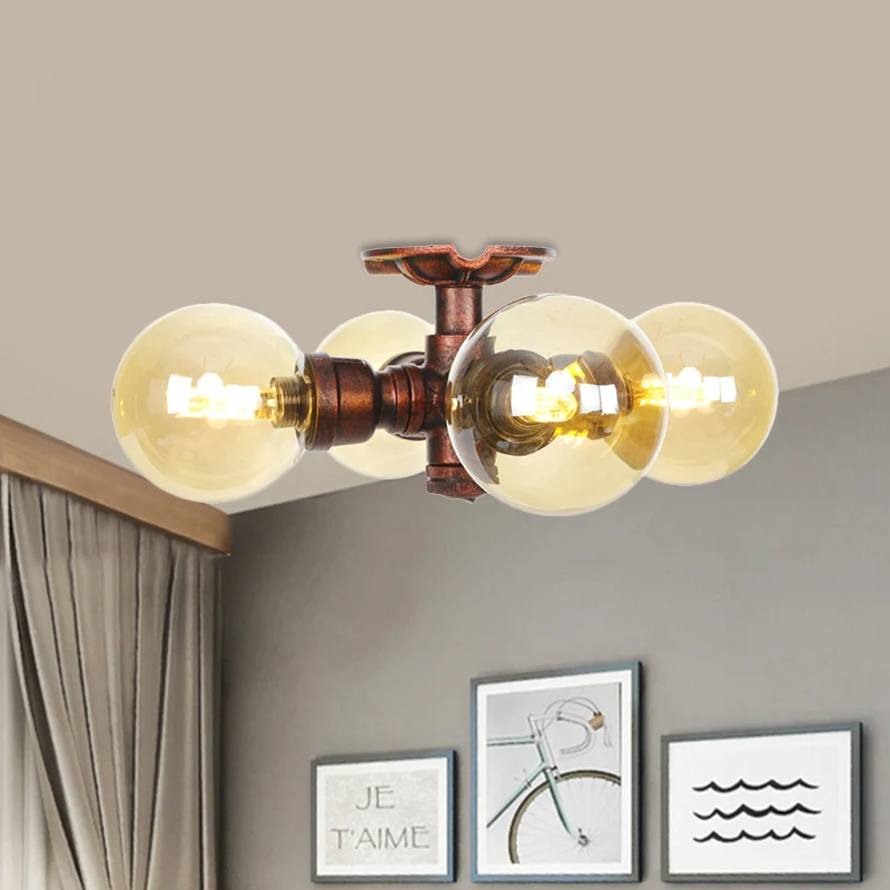 Amberkleurig glas koper semi-inbouwlichtbol 3/4-lamps boerderij LED-plafondgemonteerd armatuur Clearhalo