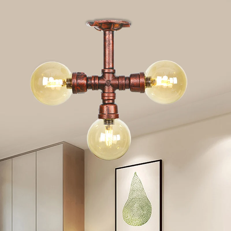 Amberkleurig glas koper semi-inbouwlichtbol 3/4-lamps boerderij LED-plafondgemonteerd armatuur Clearhalo