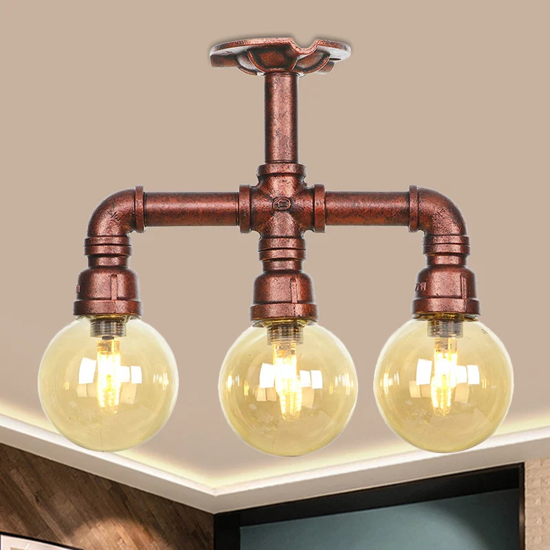 Amberkleurig glas koper semi-inbouwlichtbol 3/4-lamps boerderij LED-plafondgemonteerd armatuur Clearhalo