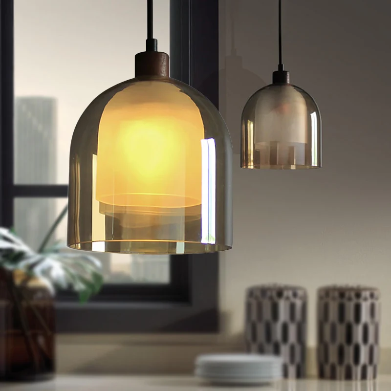 Amberkleurige glazen bel hanglamp eigentijds 1 koplicht bronzen plafondlamp met glazen binnenkap Clearhalo