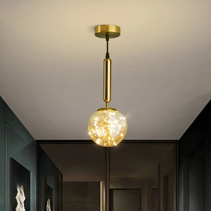 Amberkleurige glazen bol slingerlamp Nordic 1-kops LED-hangende hanger met sterrensnoer Clearhalo