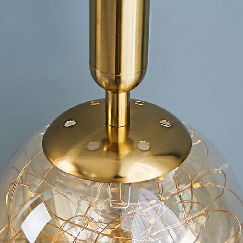 Amberkleurige glazen bol slingerlamp Nordic 1-kops LED-hangende hanger met sterrensnoer Clearhalo