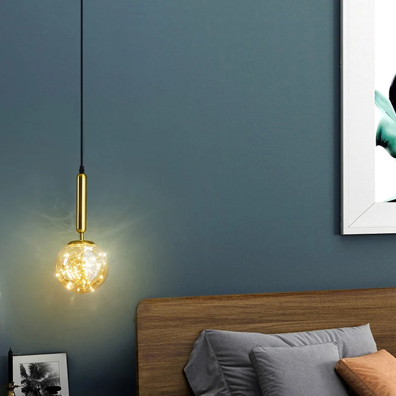 Amberkleurige glazen bol slingerlamp Nordic 1-kops LED-hangende hanger met sterrensnoer Clearhalo