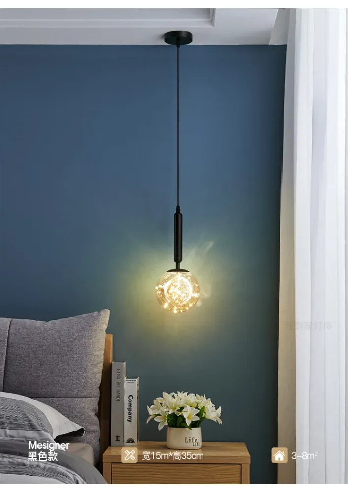 Amberkleurige glazen bol slingerlamp Nordic 1-kops LED-hangende hanger met sterrensnoer Clearhalo