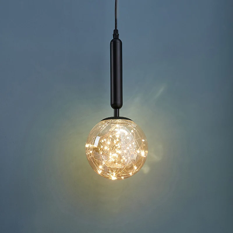 Amberkleurige glazen bol slingerlamp Nordic 1-kops LED-hangende hanger met sterrensnoer Clearhalo