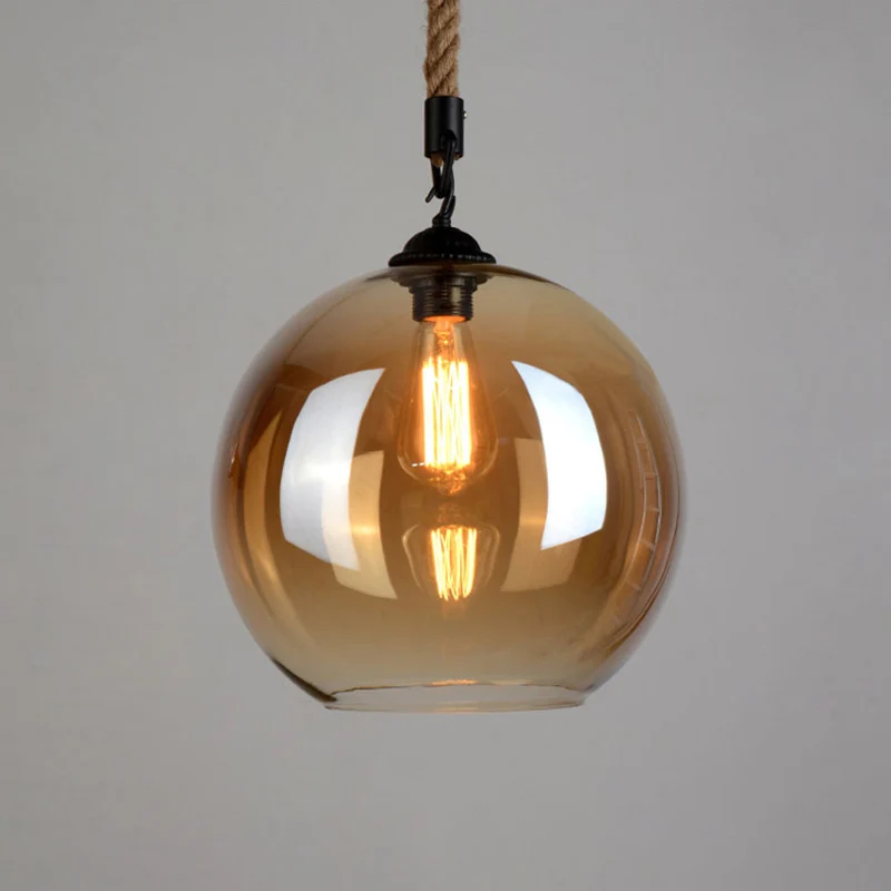 Amberkleurige glazen bolschaduw hanglamp Vintage industriële mini-hanglamp met 39 inch verstelbaar hangend henneptouw Clea...