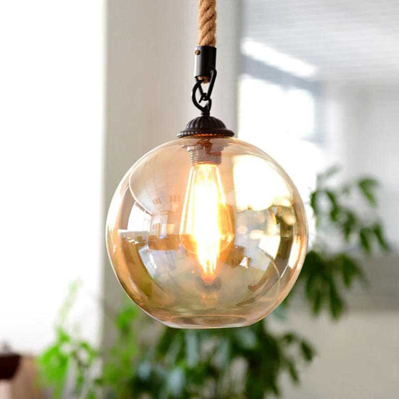 Amberkleurige glazen bolschaduw hanglamp Vintage industriële mini-hanglamp met 39 inch verstelbaar hangend henneptouw Clea...