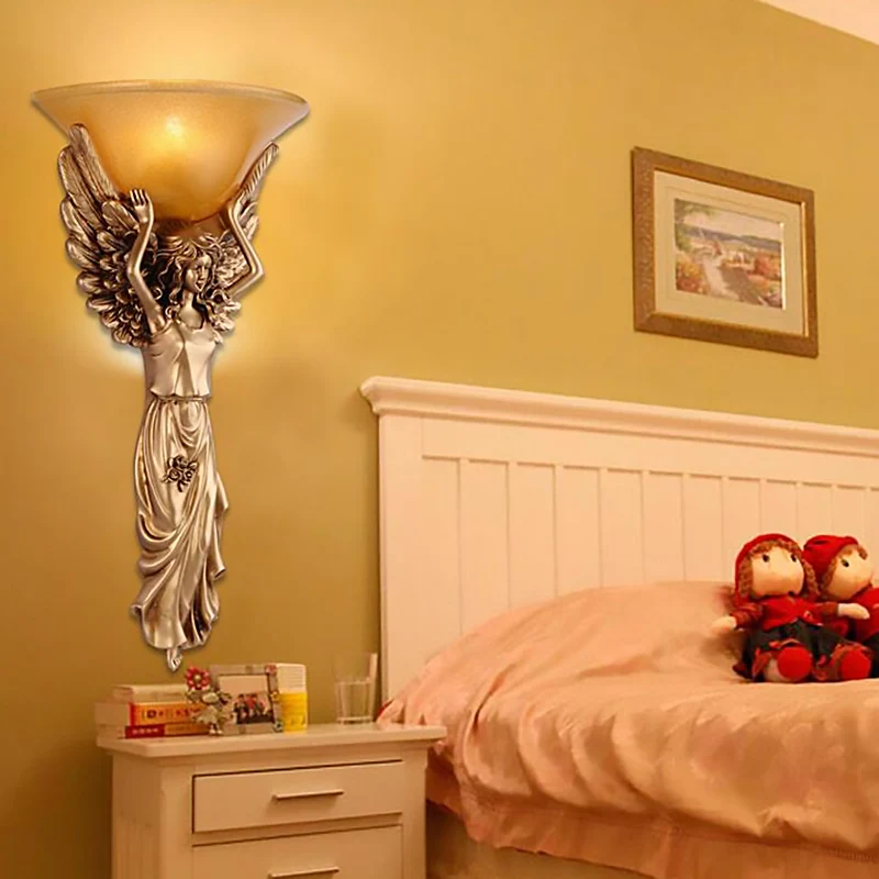 Amberkleurige glazen kom wandlamp moderne stijl 1-lichte slaapkamer wandkandelaar met goud/wit engelontwerp Clearhalo
