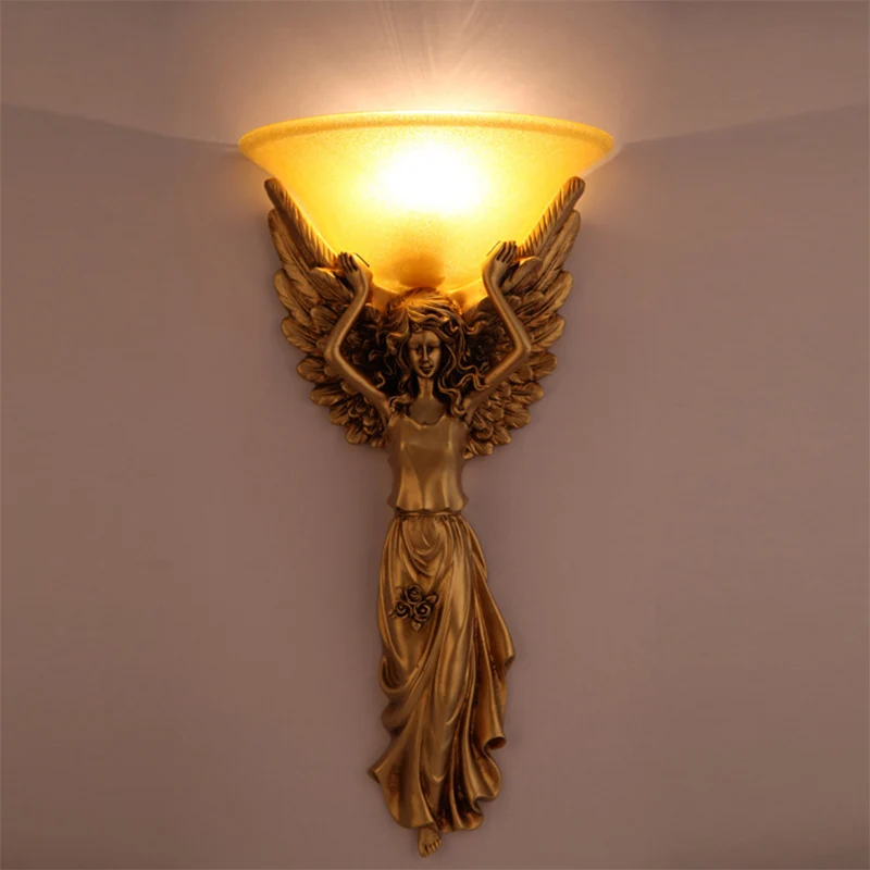 Amberkleurige glazen kom wandlamp moderne stijl 1-lichte slaapkamer wandkandelaar met goud/wit engelontwerp Clearhalo