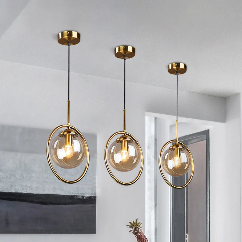 Amber/rook/helder glazen bol hanglamp post-modernistisch 1-lichts plafondgehangen armatuur met ringframe Clearhalo
