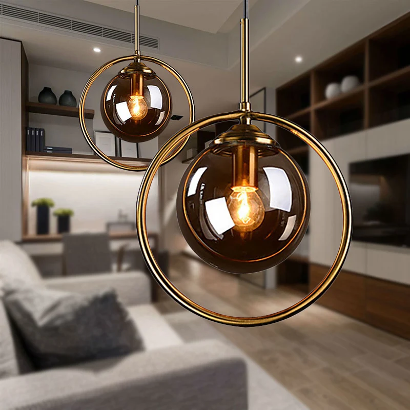 Amber/rook/helder glazen bol hanglamp post-modernistisch 1-lichts plafondgehangen armatuur met ringframe Clearhalo