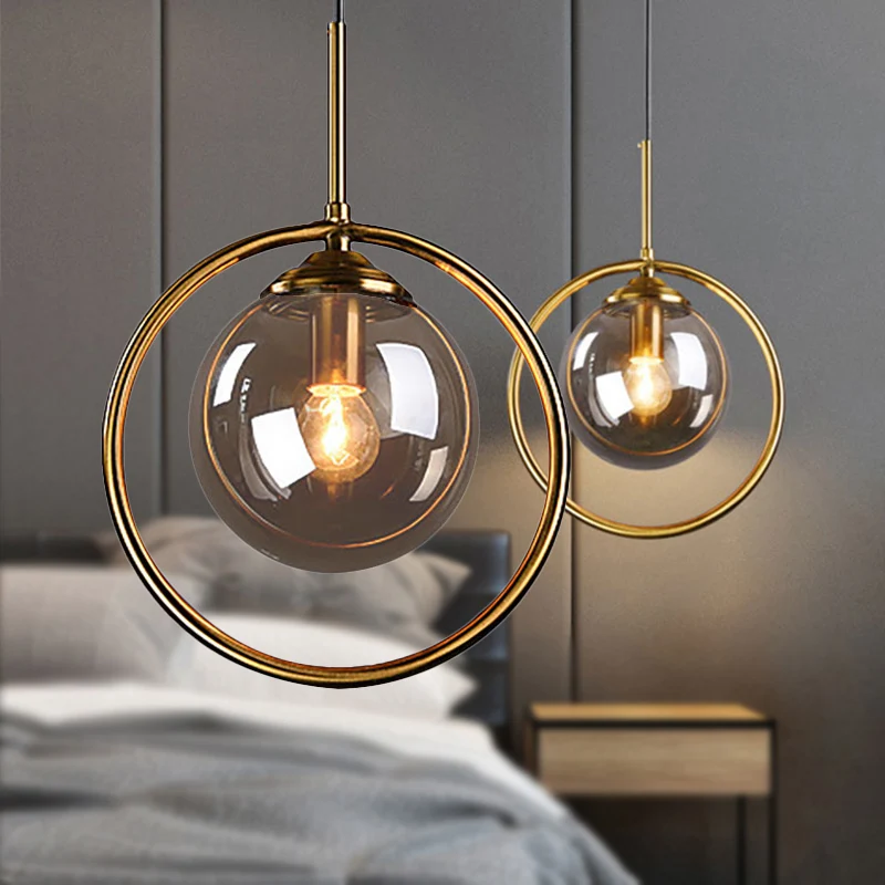 Amber/rook/helder glazen bol hanglamp post-modernistisch 1-lichts plafondgehangen armatuur met ringframe Clearhalo
