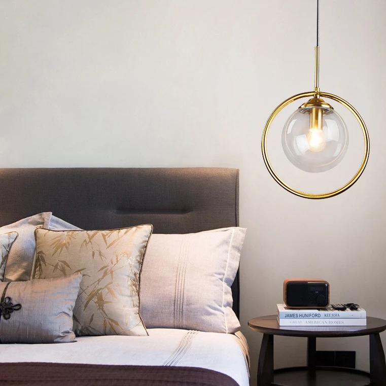 Amber/rook/helder glazen bol hanglamp post-modernistisch 1-lichts plafondgehangen armatuur met ringframe Clearhalo