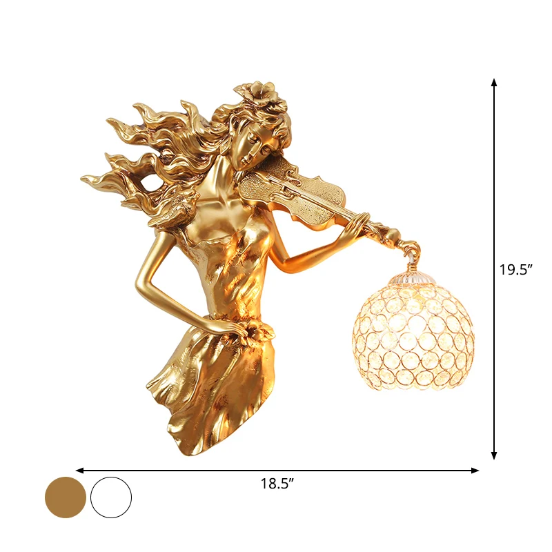 Antiek meisje met vioolwandlamp, enkele lamp, harswandlamp, blaker met bal, afgeschuinde heldere kristallen kap wit/goud C...
