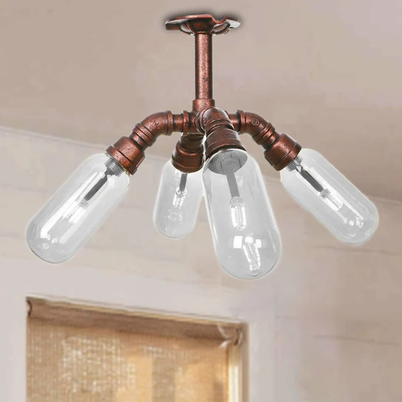 Antieke koperen Sputnik semi-inbouwlamp Vintage helder glas 4/6 lichte eetkamer plafondverlichtingsarmatuur met pijpontwer...