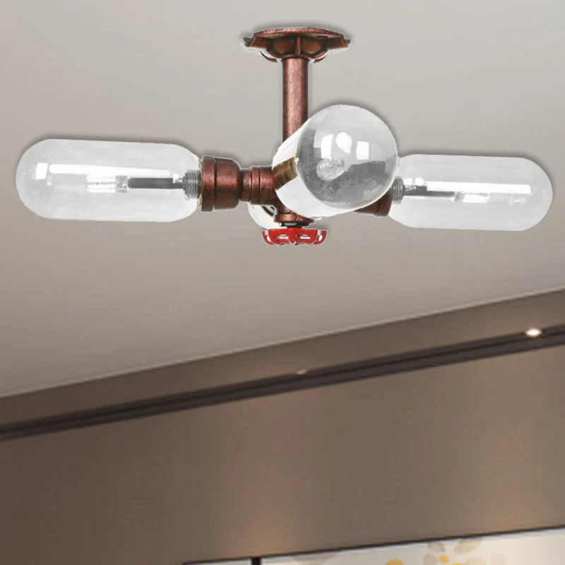 Antieke koperen Sputnik semi-inbouwlamp Vintage helder glas 4/6 lichte eetkamer plafondverlichtingsarmatuur met pijpontwer...