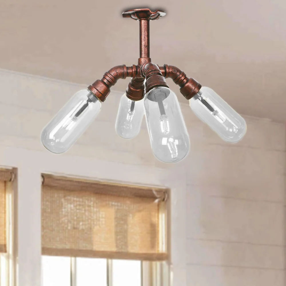 Antieke koperen Sputnik semi-inbouwlamp Vintage helder glas 4/6 lichte eetkamer plafondverlichtingsarmatuur met pijpontwer...
