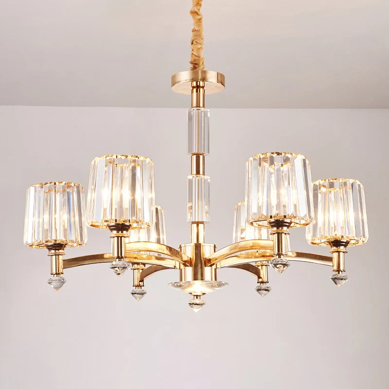 Antieke Spoetnik Hanglamp 6 Lampen Helder Kristal Blok Plafondkroonluchter Goud voor Slaapkamer Clearhalo