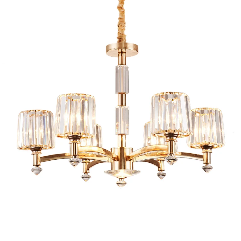 Antieke Spoetnik Hanglamp 6 Lampen Helder Kristal Blok Plafondkroonluchter Goud voor Slaapkamer Clearhalo
