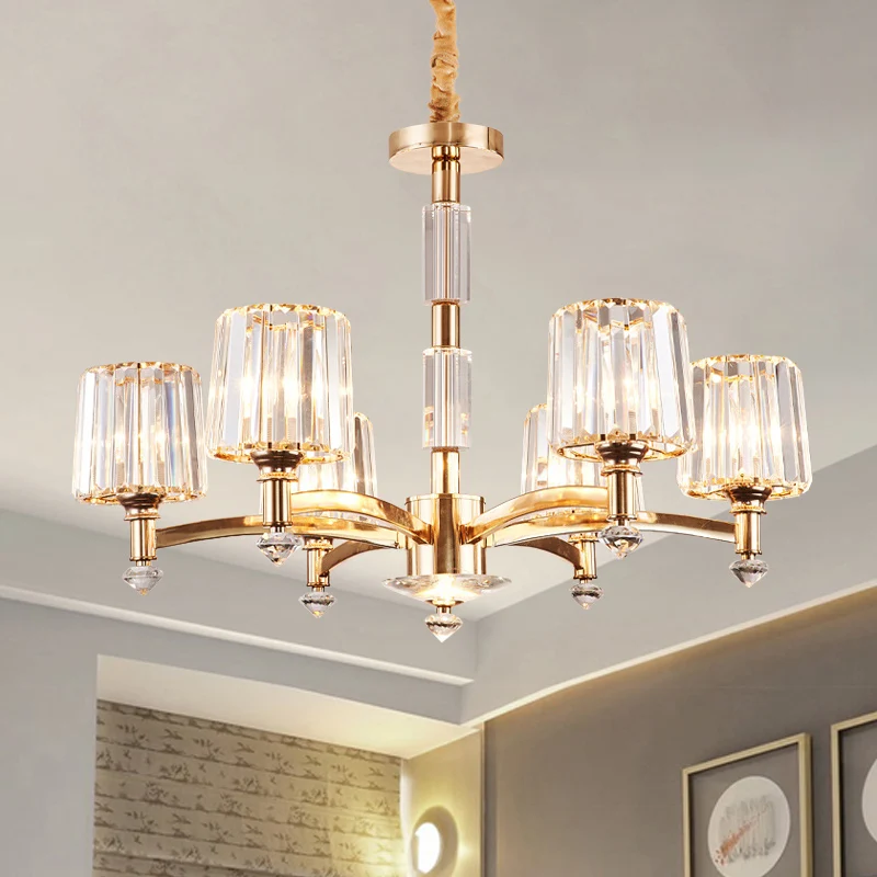 Antieke Spoetnik Hanglamp 6 Lampen Helder Kristal Blok Plafondkroonluchter Goud voor Slaapkamer Clearhalo