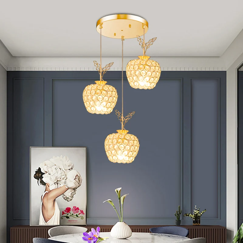Appelvormige eetkamercluster hanglamp kristal ingebed 3 koppen minimale hanglampenset goud Clearhalo