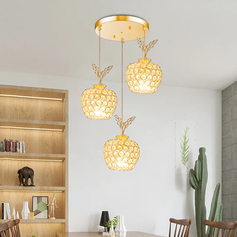 Appelvormige eetkamercluster hanglamp kristal ingebed 3 koppen minimale hanglampenset goud Clearhalo