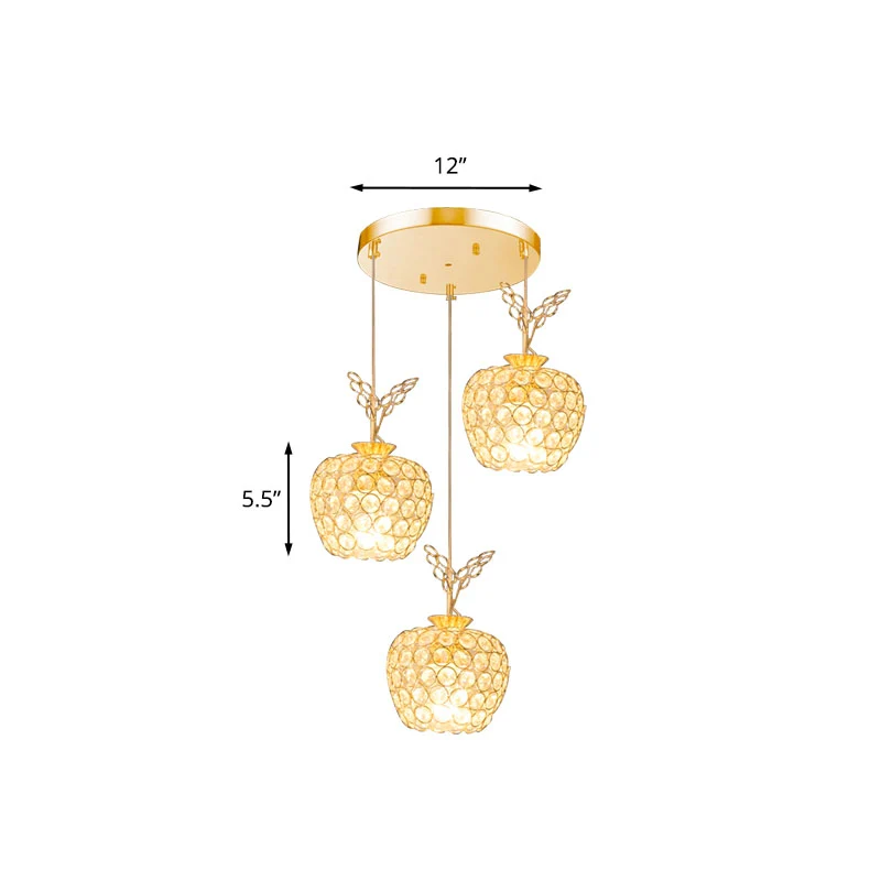Appelvormige eetkamercluster hanglamp kristal ingebed 3 koppen minimale hanglampenset goud Clearhalo