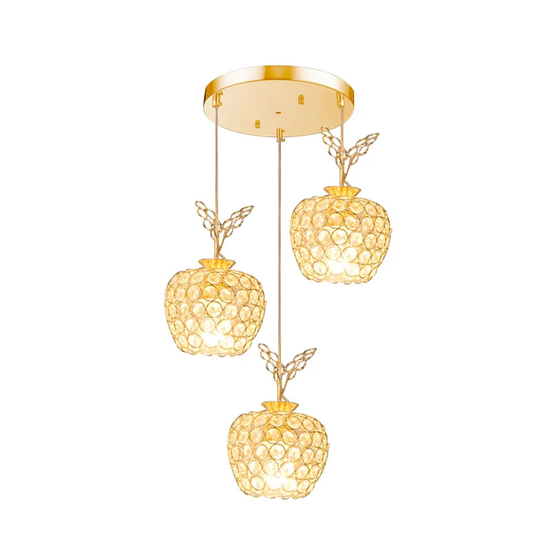 Appelvormige eetkamercluster hanglamp kristal ingebed 3 koppen minimale hanglampenset goud Clearhalo