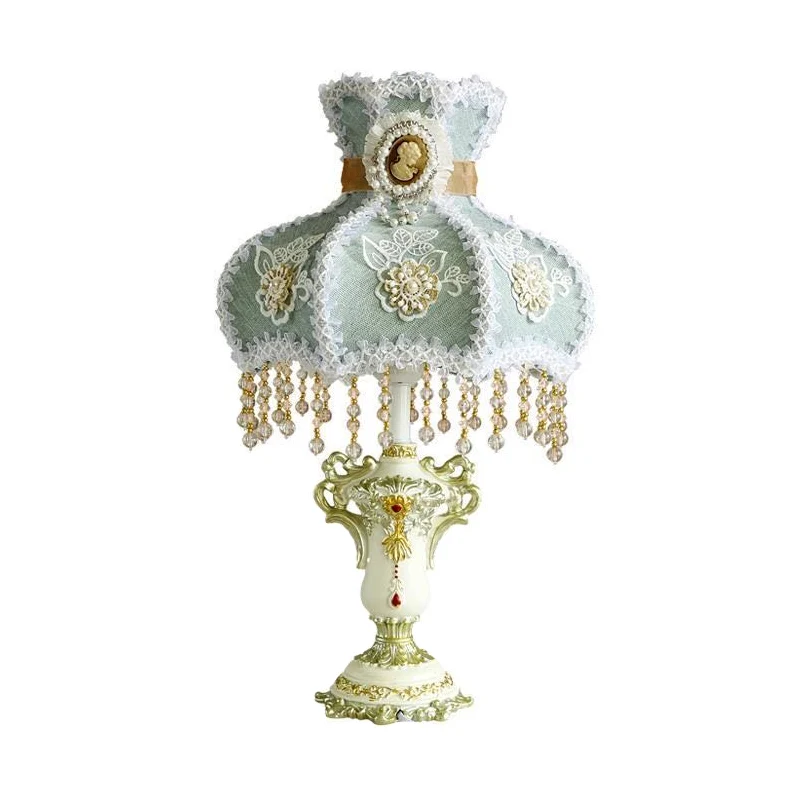 Aqua geschulpte nachtkastjelamp Europees Hof 1 hoofd stoffen nachtkastje met kralendecor Clearhalo