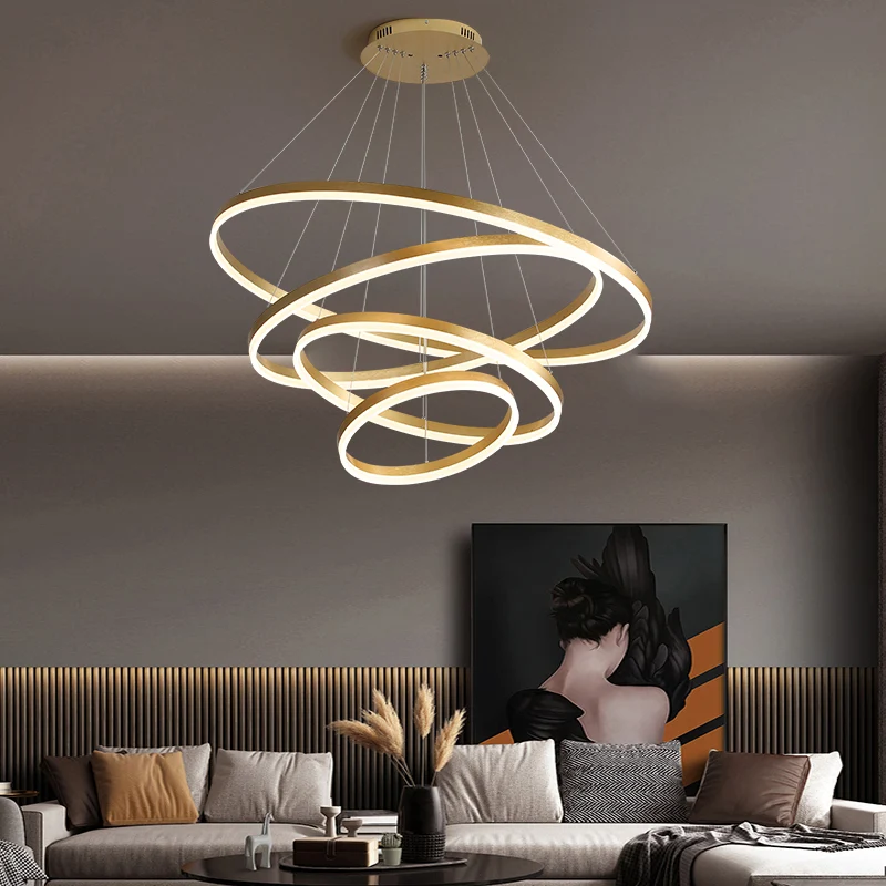Art Deco gelaagde ringen kroonluchter aluminium woonkamer LED-ophangverlichting goud Clearhalo