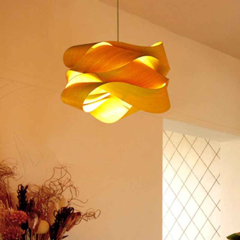 Art Deco Woody eenvoudige hangende verlichtingsarmaturen onregelmatige beige fineer hanglamp Clearhalo