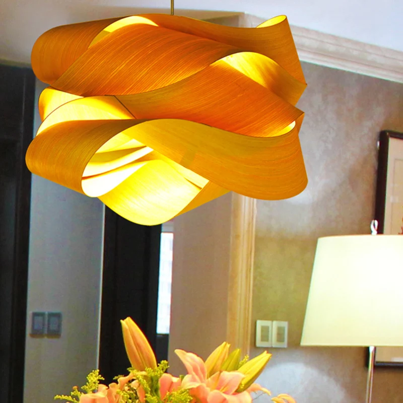 Art Deco Woody eenvoudige hangende verlichtingsarmaturen onregelmatige beige fineer hanglamp Clearhalo