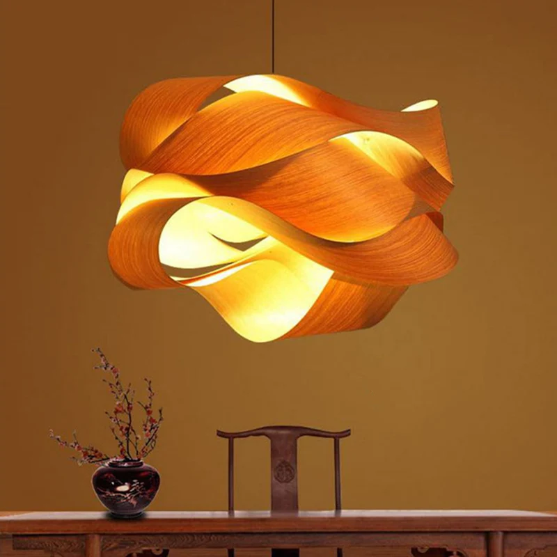Art Deco Woody eenvoudige hangende verlichtingsarmaturen onregelmatige beige fineer hanglamp Clearhalo