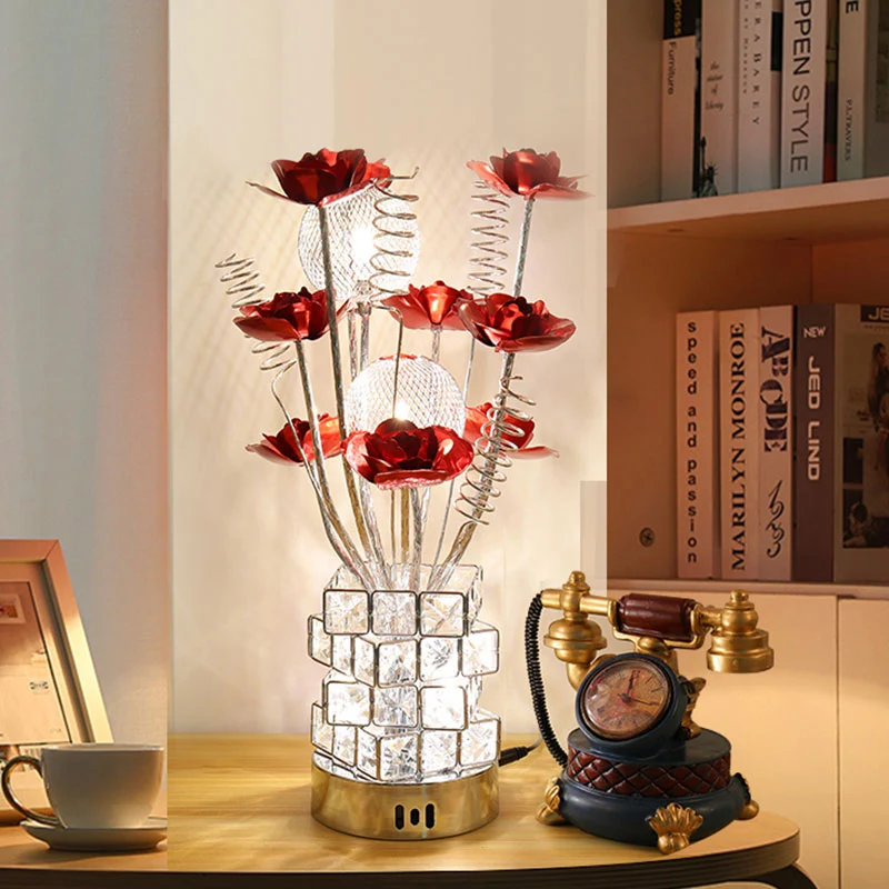 Art Decor Bloemen Tafellamp LED Aluminium Bureaulamp met Kristallen Blok Basis Paars/Rood voor Nachtkastje Clearhalo