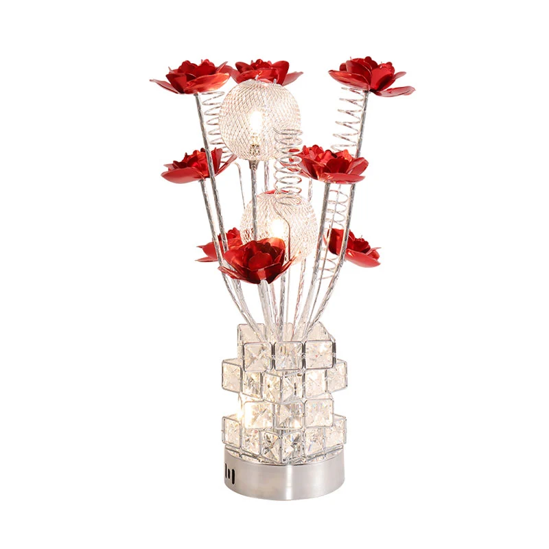 Art Decor Bloemen Tafellamp LED Aluminium Bureaulamp met Kristallen Blok Basis Paars/Rood voor Nachtkastje Clearhalo