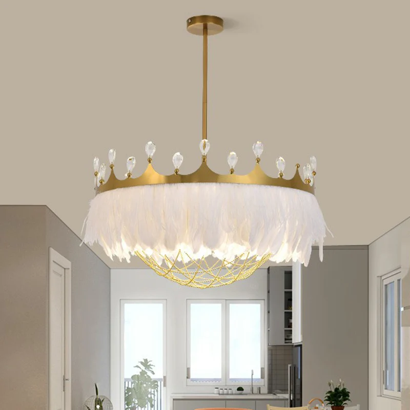 Artistieke Kroonvormige Plafondlamp Veer 1��Hoofd Meisjes Slaapkamer Hanglamp met Kettingnet en Kristal Clearhalo