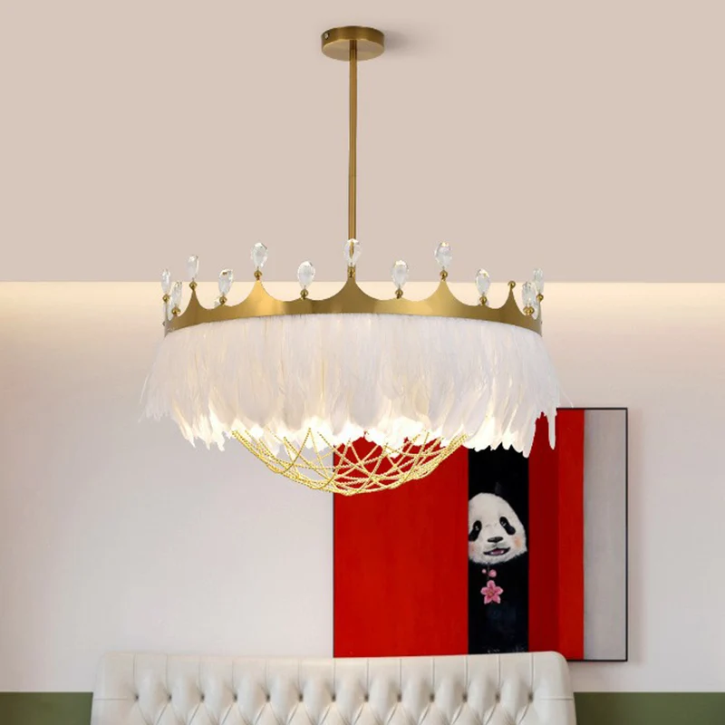 Artistieke Kroonvormige Plafondlamp Veer 1��Hoofd Meisjes Slaapkamer Hanglamp met Kettingnet en Kristal Clearhalo