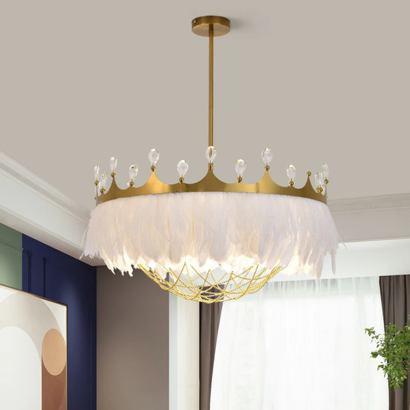 Artistieke Kroonvormige Plafondlamp Veer 1��Hoofd Meisjes Slaapkamer Hanglamp met Kettingnet en Kristal Clearhalo