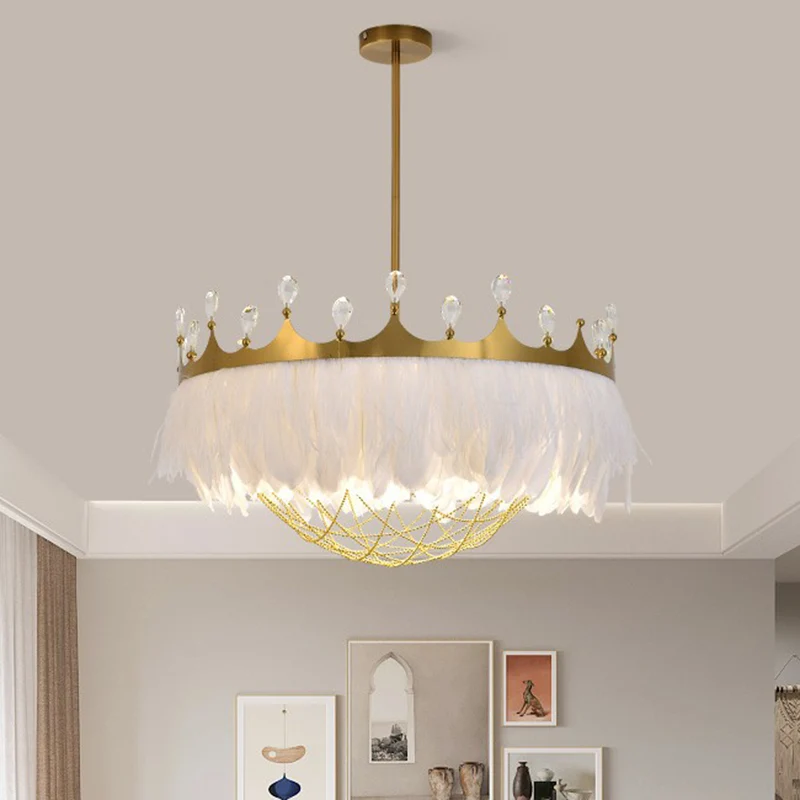 Artistieke Kroonvormige Plafondlamp Veer 1��Hoofd Meisjes Slaapkamer Hanglamp met Kettingnet en Kristal Clearhalo